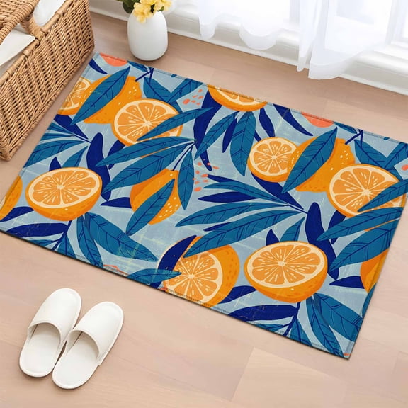 2x3 Ft Entryway Area Rug, Orange Lemon Kitchen Rug Runner Washable Floor Mat, Minimalist Tropical Retro Blue Palm Leaf Non Slip Indoor Door Mat Throw Carpet for Bathroom Living Room Bedroom