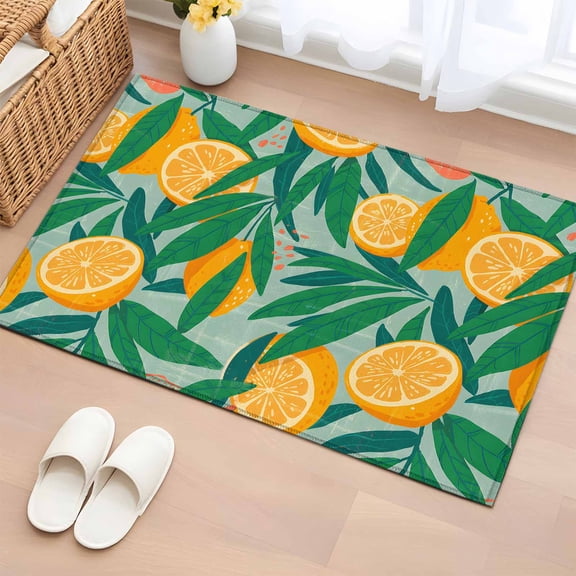 2x3 Ft Entryway Area Rug, Orange Lemon Kitchen Rug Runner Washable Floor Mat, Minimalist Tropical Retro Green Palm Leaf Non Slip Indoor Door Mat Throw Carpet for Bathroom Living Room Bedroom
