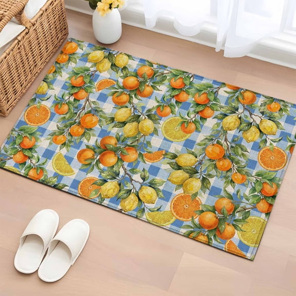 2x3 Ft Entryway Area Rug, Orange Lemons Kitchen Rug Runner Washable Floor Mat, Summer Botanical Checkered Farmhouse Non Slip Indoor Door Mat Throw Carpet for Bathroom Living Room Bedroom