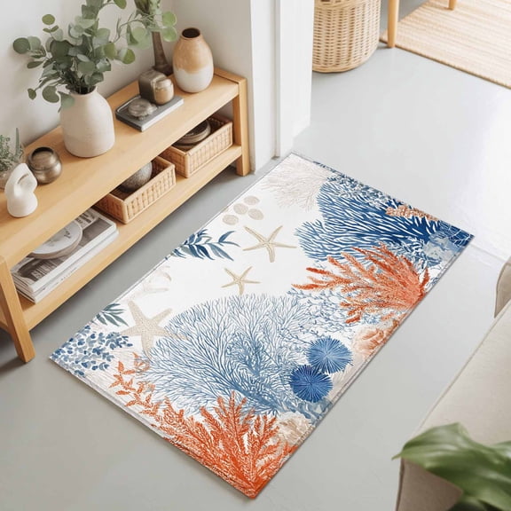 2x3 Ft Entryway Area Rug, Orange Navy Blue Coral Kitchen Rug Runner Washable Floor Mat, Summer Beach Coastal Ocean Non Slip Indoor Door Mat Throw Carpet for Bathroom Living Room Bedroom