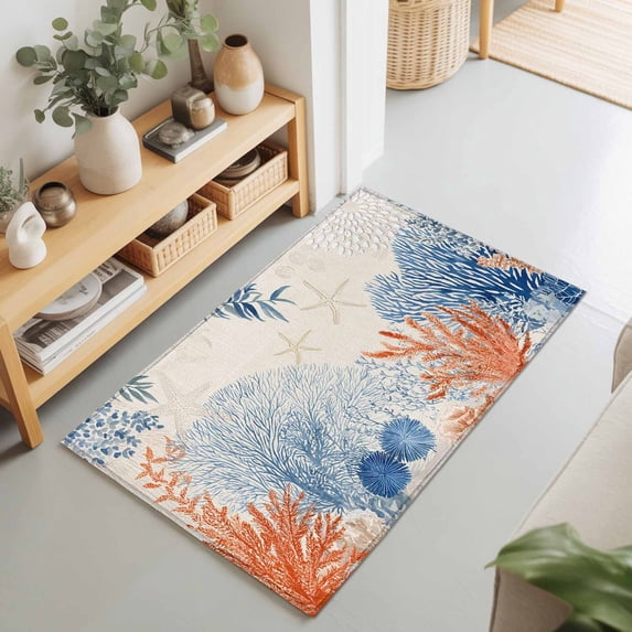 2x3 Ft Entryway Area Rug, Orange Navy Blue Coral Kitchen Rug Runner Washable Floor Mat, Summer Beach Coastal Rustic Non Slip Indoor Door Mat Throw Carpet for Bathroom Living Room Bedroom