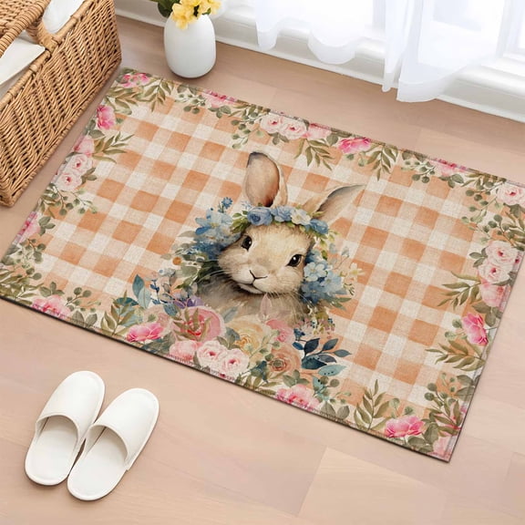 2x3 Ft Entryway Area Rug, Orange Plaid Bunny Easter Kitchen Rug Runner Washable Floor Mat, Spring Floral Pink Botanical Non Slip Indoor Door Mat Throw Carpet for Bathroom Living Room Bedroom