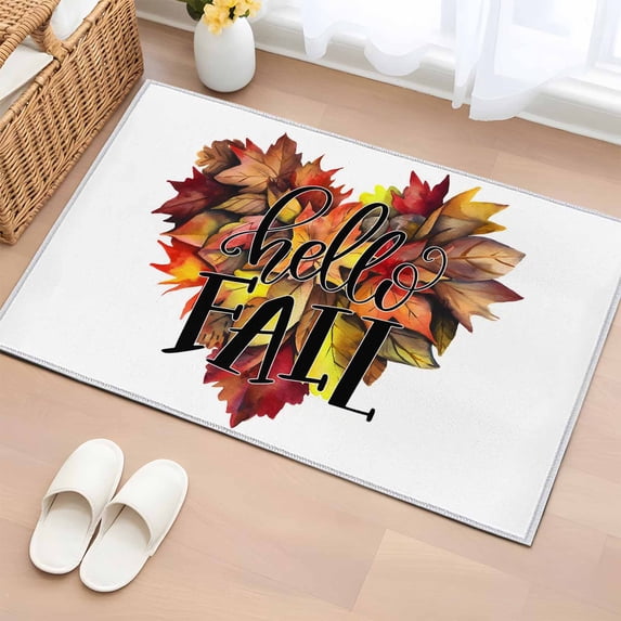 2x3 Ft Entryway Area Rug, Orange Red Maple Leaf Kitchen Rug Runner Washable Floor Mat, Hello Fall Watercolor Non Slip Indoor Door Mat Throw Carpet for Bathroom Living Room Bedroom