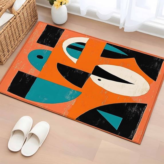 2x3 Ft Entryway Area Rug, Orange Teal Black Kitchen Rug Runner Washable Floor Mat, Modern Impressionist Geometric Non Slip Indoor Door Mat Throw Carpet for Bathroom Living Room Bedroom