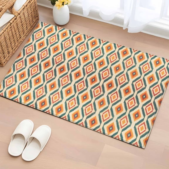 2x3 Ft Entryway Area Rug, Orange Teal Geometric Kitchen Rug Runner Washable Floor Mat, Southwest Ethnic Country Non Slip Indoor Door Mat Throw Carpet for Bathroom Living Room Bedroom