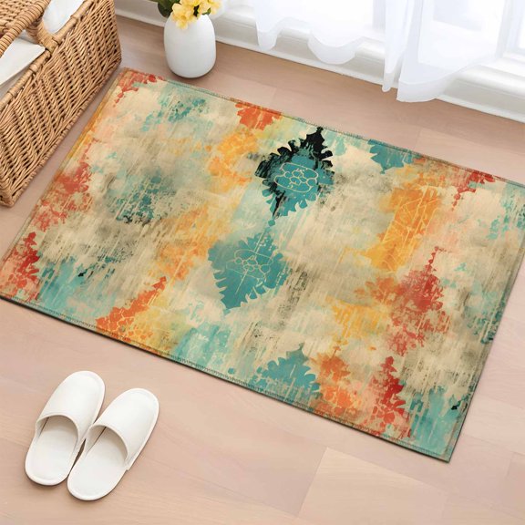 2x3 Ft Entryway Area Rug, Orange Teal Red Boho Kitchen Rug Runner Washable Floor Mat, Modern Abstract Splashing Art Non Slip Indoor Door Mat Throw Carpet for Bathroom Living Room Bedroom