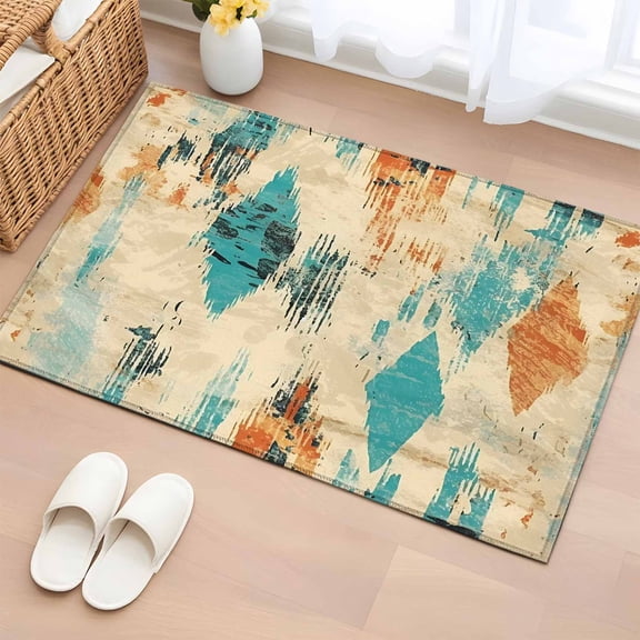 2x3 Ft Entryway Area Rug, Orange Teal Red Kitchen Rug Runner Washable Floor Mat, Boho Modern Abstract Splashing Art Non Slip Indoor Door Mat Throw Carpet for Bathroom Living Room Bedroom