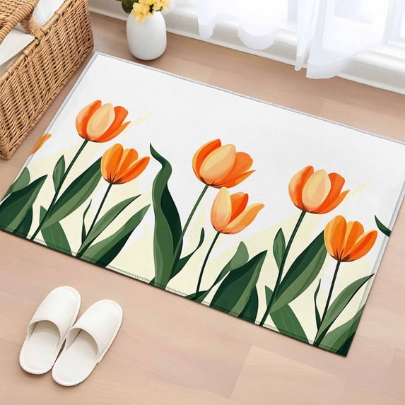 2x3 Ft Entryway Area Rug, Orange Tulip Kitchen Rug Runner Washable Floor Mat, Watercolor Retro Elegant Botanical Non Slip Indoor Door Mat Throw Carpet for Bathroom Living Room Bedroom
