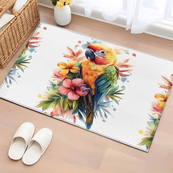 2x3 Ft Entryway Area Rug, Parrot Kitchen Rug Runner Washable Floor Mat, Spring Botanica Art Watercolor Floral Non Slip Indoor Door Mat Throw Carpet for Bathroom Living Room Bedroom
