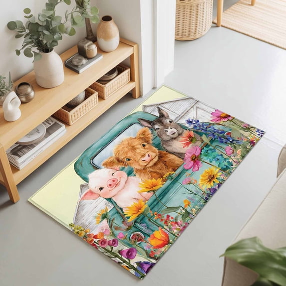 2x3 Ft Entryway Area Rug, Pig Cow Horse Kitchen Rug Runner Washable Floor Mat, Farmhouse Truck Farm Cabin Botanical Floral Non Slip Indoor Door Mat Throw Carpet for Bathroom Living Room Bedroom