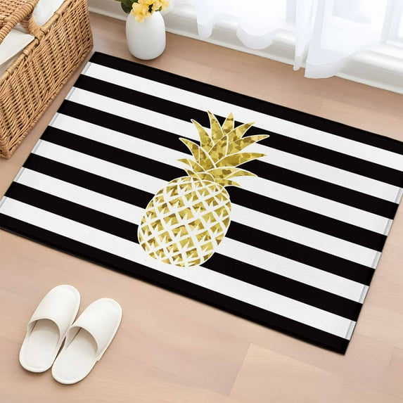 2x3 Ft Entryway Area Rug, Pineapple Kitchen Rug Runner Washable Floor Mat, Modern Abstract Fruits Black White Stripe Non Slip Indoor Door Mat Throw Carpet for Bathroom Living Room Bedroom