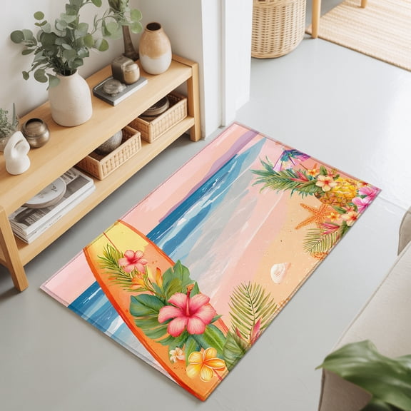 2x3 Ft Entryway Area Rug, Pink Beach Kitchen Rug Runner Washable Floor Mat, Summer Surfboard Palm Leaf Starfish Pineapple Flowers Indoor Door Mat Throw Carpet for Bathroom Living Room Bedroom