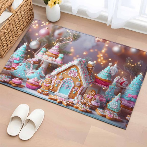 2x3 Ft Entryway Area Rug, Pink Blue Christmas Kitchen Rug Runner Washable Floor Mat, Xmas Candy Castle Balls Non Slip Indoor Door Mat Throw Carpet for Bathroom Living Room Bedroom