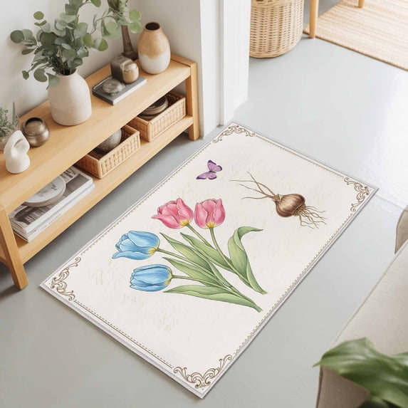 2x3 Ft Entryway Area Rug, Pink Blue Tulips Kitchen Rug Runner Washable ...