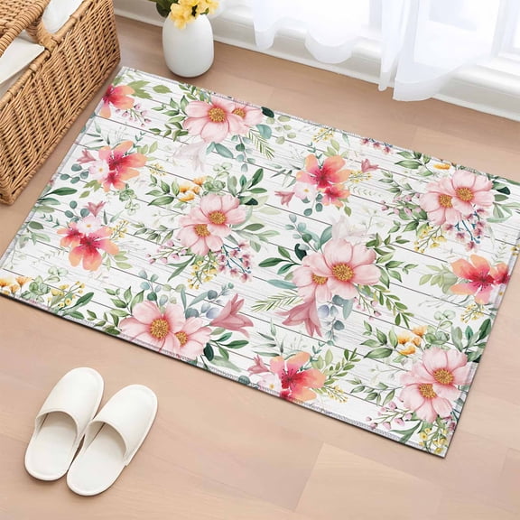 2x3 Ft Entryway Area Rug, Pink Floral Kitchen Rug Runner Washable Floor Mat, Spring Pastoral Botanical Leaves Wooden Non Slip Indoor Door Mat Throw Carpet for Bathroom Living Room Bedroom