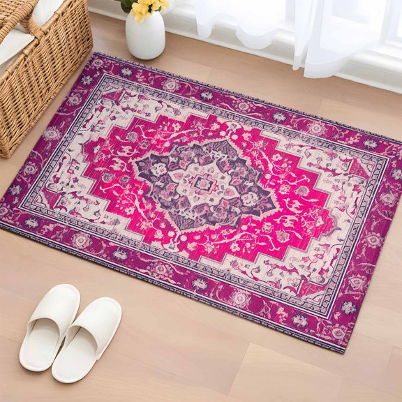 2x3 Ft Entryway Area Rug, Pink Geometric Kitchen Rug Runner Washable Floor Mat, Middle Century Boho Ethnic Abstract Southwestern Non Slip Indoor Door Mat Throw Carpet for Bathroom Living Room Bedroom