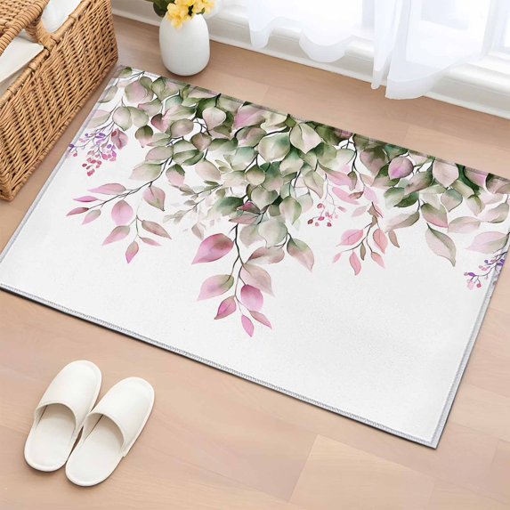 2x3 Ft Entryway Area Rug, Pink Green Eucalyptus Kitchen Rug Runner Washable Floor Mat, Spring Leaves Watercolor Fruit Non Slip Indoor Door Mat Throw Carpet for Bathroom Living Room Bedroom