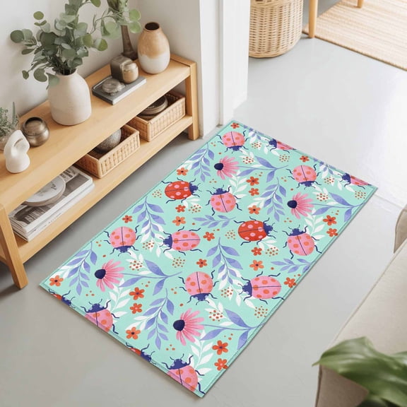 2x3 Ft Entryway Area Rug, Pink Ladybugs Kitchen Rug Runner Washable Floor Mat, Rustic Daisy Flowers Leaves Pastoral Teal Green Non Slip Indoor Door Mat Throw Carpet for Bathroom Living Room Bedroom