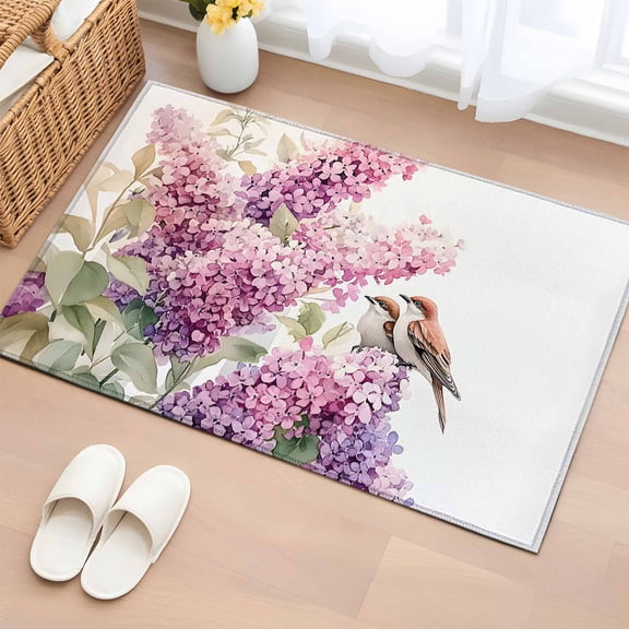 2x3 Ft Entryway Area Rug, Pink Lavender Bird Kitchen Rug Runner Washable Floor Mat, Garden Floral Sparrow Flowers Leaf Non Slip Indoor Door Mat Throw Carpet for Bathroom Living Room Bedroom