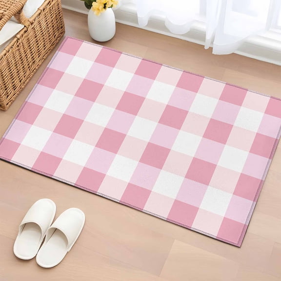 2x3 Ft Entryway Area Rug, Pink Plaid Kitchen Rug Runner Washable Floor Mat, Spring Farmhouse Buffalo Checkered Non Slip Indoor Door Mat Throw Carpet for Bathroom Living Room Bedroom