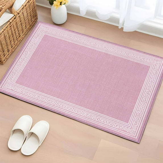 2x3 Ft Entryway Area Rug, Pink Retro Greek Key Kitchen Rug Runner Washable Floor Mat, Geometric Greece Ancient Rustic Non Slip Indoor Door Mat Throw Carpet for Bathroom Living Room Bedroom