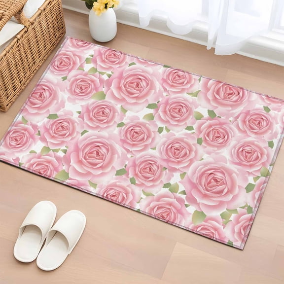 2x3 Ft Entryway Area Rug, Pink Roses Kitchen Rug Runner Washable Floor Mat, Retro Flower Floral Botanicall Plant Leaf Non Slip Indoor Door Mat Throw Carpet for Bathroom Living Room Bedroom