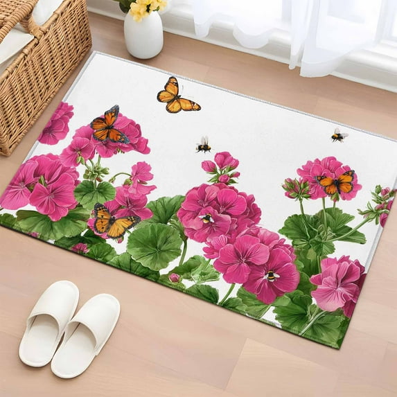 2x3 Ft Entryway Area Rug, Pink Spring Floral Kitchen Rug Runner Washable Floor Mat, Butterfly Farmhouse Non Slip Indoor Door Mat Throw Carpet for Bathroom Living Room Bedroom
