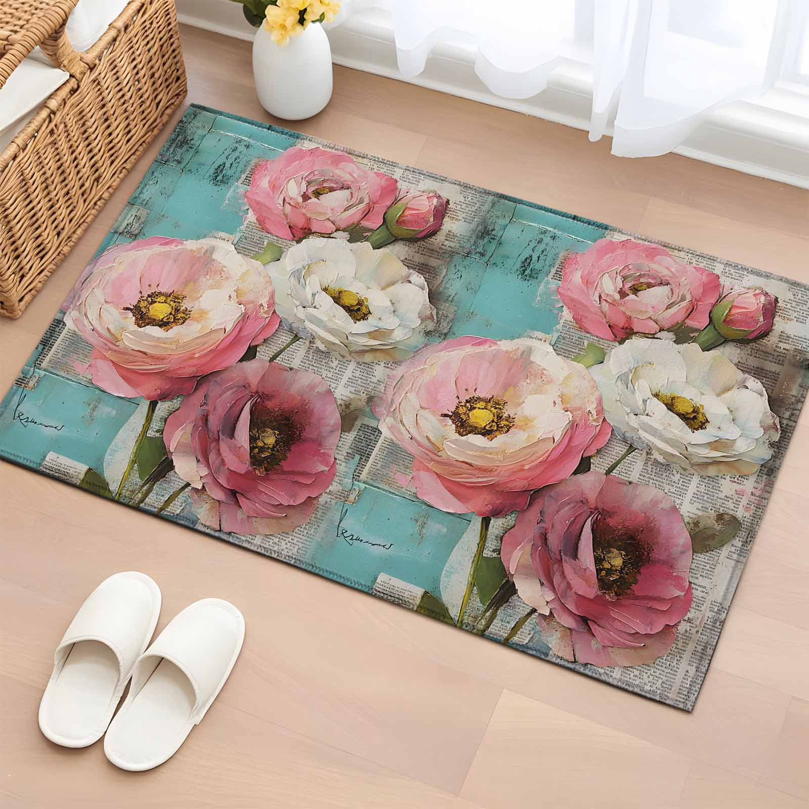 2x3 Ft Entryway Area Rug, Pink Spring Floral Kitchen Rug Runner ...