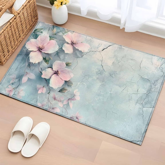 2x3 Ft Entryway Area Rug, Pink Spring Flower Kitchen Rug Runner Washable Floor Mat, Retro Blue Wall Mottled Pastoral Non Slip Indoor Door Mat Throw Carpet for Bathroom Living Room Bedroom