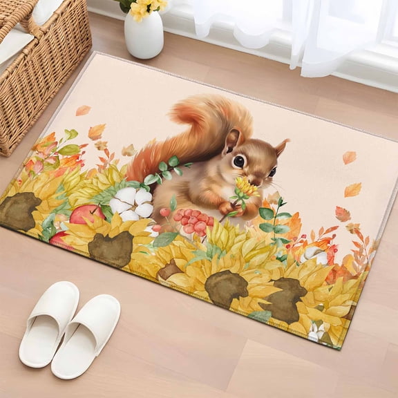 2x3 Ft Entryway Area Rug, Pink Squirrel Fall Kitchen Rug Runner Washable Floor Mat, Thanksgiving Sunflower Maple Leaf Non Slip Indoor Door Mat Throw Carpet for Bathroom Living Room Bedroom