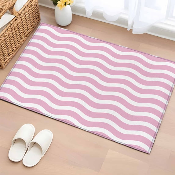 2x3 Ft Entryway Area Rug, Pink White Kitchen Rug Runner Washable Floor Mat, Modern Abstract Waves Water Ripple Striped Non Slip Indoor Door Mat Throw Carpet for Bathroom Living Room Bedroom