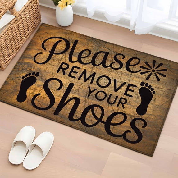 2x3 Ft Entryway Area Rug, Please Remove Your Shoes Kitchen Rug Runner Washable Floor Mat, Farmhouse Brown Wooden Grain Non Slip Indoor Door Mat Throw Carpet for Bathroom Living Room Bedroom