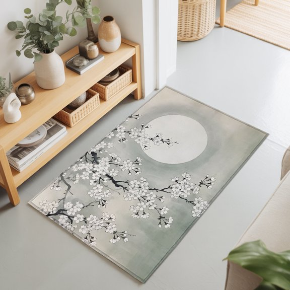 2x3 Ft Entryway Area Rug, Plum Flowers Branch Kitchen Rug Runner Washable Floor Mat, Cherry Blossom Ombre Green Moon Night Non Slip Indoor Door Mat Throw Carpet for Bathroom Living Room Bedroom