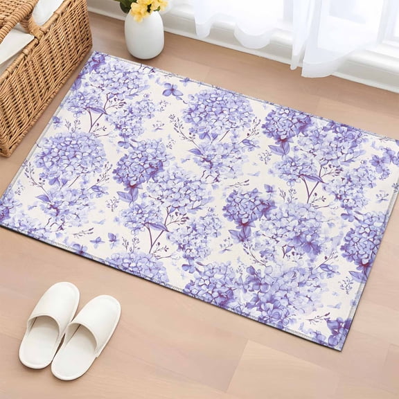 2x3 Ft Entryway Area Rug, Purple Floral Kitchen Rug Runner Washable Floor Mat, Hydrangeas Flower Spring Summer Botanical Non Slip Indoor Door Mat Throw Carpet for Bathroom Living Room Bedroom