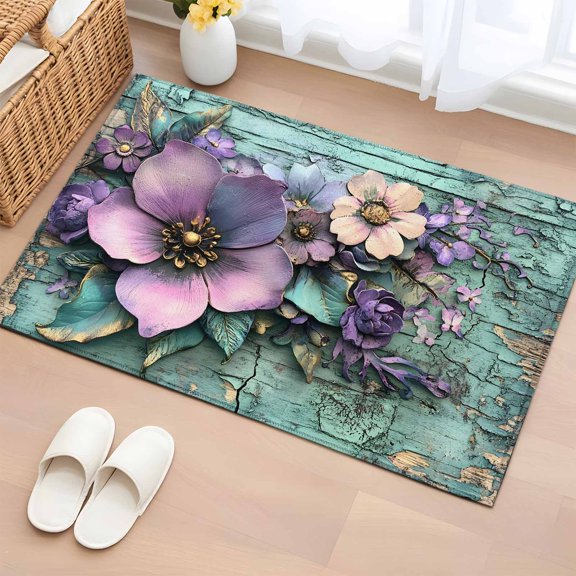 2x3 Ft Entryway Area Rug, Purple Floral Kitchen Rug Runner Washable Floor Mat, Spring Leaves Botanical Vintage Walls Non Slip Indoor Door Mat Throw Carpet for Bathroom Living Room Bedroom