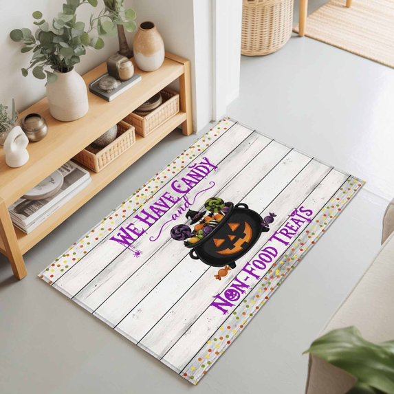 2x3 Ft Entryway Area Rug, Purple Halloween Kitchen Rug Runner Washable Floor Mat, Pumpkins Spooky Spiders Candy Polka Dot Non Slip Indoor Door Mat Throw Carpet for Bathroom Living Room Bedroom