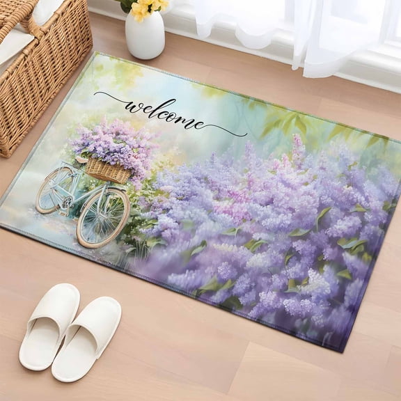 2x3 Ft Entryway Area Rug, Purple Lavender Kitchen Rug Runner Washable Floor Mat, Spring Leaves Bike Farm Country Garden Non Slip Indoor Door Mat Throw Carpet for Bathroom Living Room Bedroom