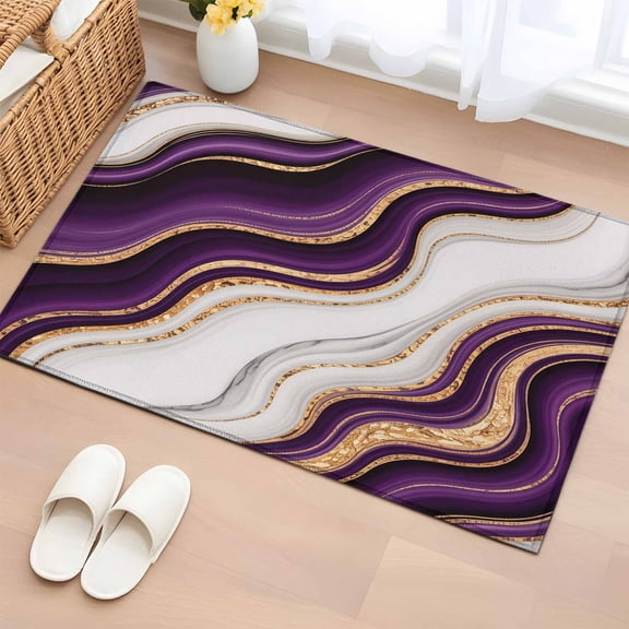 2x3 Ft Entryway Area Rug, Purple Modern Kitchen Rug Runner Washable Floor Mat, Classic Abstract Art Luxury Golden Non Slip Indoor Door Mat Throw Carpet for Bathroom Living Room Bedroom
