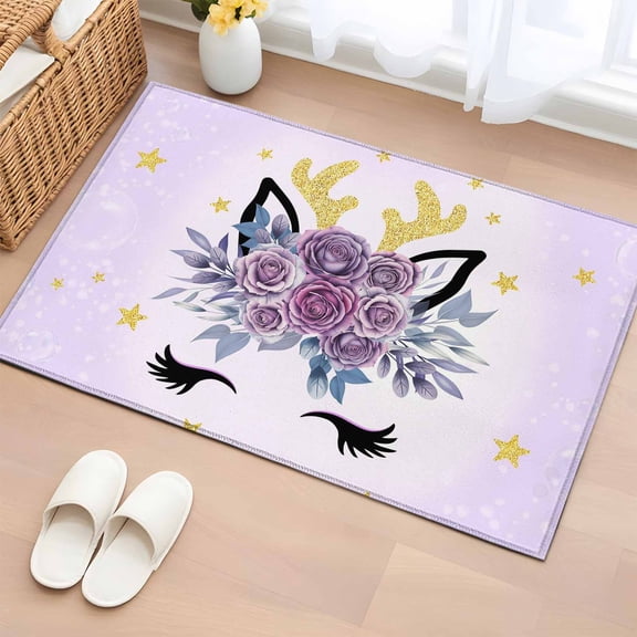 2x3 Ft Entryway Area Rug, Purple Rose Antlers Kitchen Rug Runner Washable Floor Mat, Abstract Art Fancy Flowers Stars Non Slip Indoor Door Mat Throw Carpet for Bathroom Living Room Bedroom