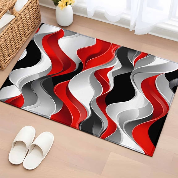 2x3 Ft Entryway Area Rug, Red Black Grey Kitchen Rug Runner Washable Floor Mat, Moire Modern Artwork Abstract Non Slip Indoor Door Mat Throw Carpet for Bathroom Living Room Bedroom