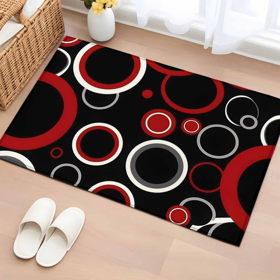 2x3 Ft Entryway Area Rug, Red Black Kitchen Rug Runner Washable Floor Mat, Abstract Modern Geometric White Grey Circle Non Slip Indoor Door Mat Throw Carpet for Bathroom Living Room Bedroom