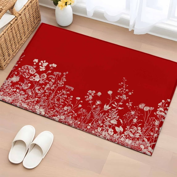 2x3 Ft Entryway Area Rug, Red Botanical Kitchen Rug Runner Washable ...