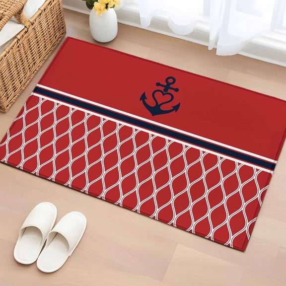 2x3 Ft Entryway Area Rug, Red Morocco Kitchen Rug Runner Washable Floor Mat, Ocean Nautical Anchor Stripe Geometric Non Slip Indoor Door Mat Throw Carpet for Bathroom Living Room Bedroom