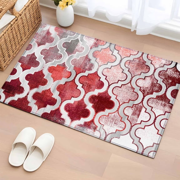 2x3 Ft Entryway Area Rug, Red Morocco Kitchen Rug Runner Washable Floor Mat, Rustic Country Smear Street Mottled Art Non Slip Indoor Door Mat Throw Carpet for Bathroom Living Room Bedroom
