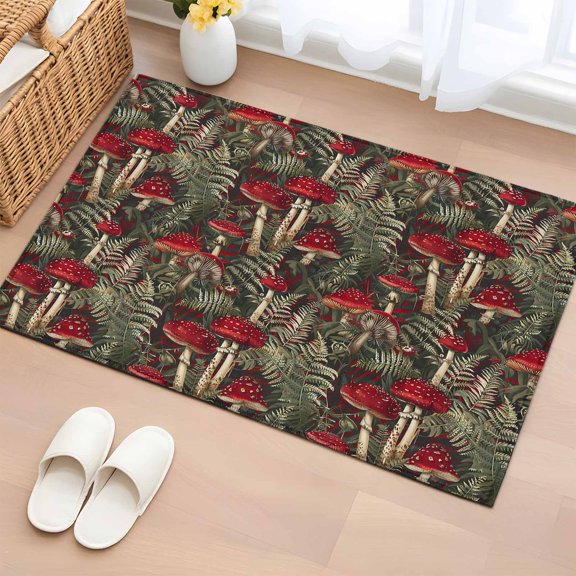 2x3 Ft Entryway Area Rug, Red Mushroom Kitchen Rug Runner Washable Floor Mat, Spring Mushroom Summer Botanical Non Slip Indoor Door Mat Throw Carpet for Bathroom Living Room Bedroom