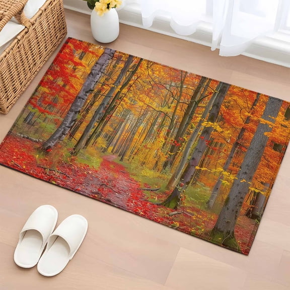 2x3 Ft Entryway Area Rug, Red Orange Forest Fall Kitchen Rug Runner Washable Floor Mat, Thanksgiving Tree Maple Leaf Non Slip Indoor Door Mat Throw Carpet for Bathroom Living Room Bedroom