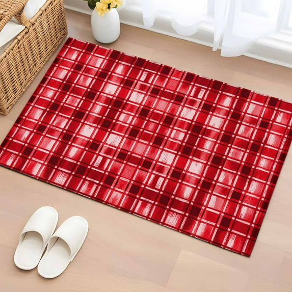 2x3 Ft Entryway Area Rug, Red Plaid Kitchen Rug Runner Washable Floor Mat, Modern Art Checkered Farmhouse Non Slip Indoor Door Mat Throw Carpet for Bathroom Living Room Bedroom
