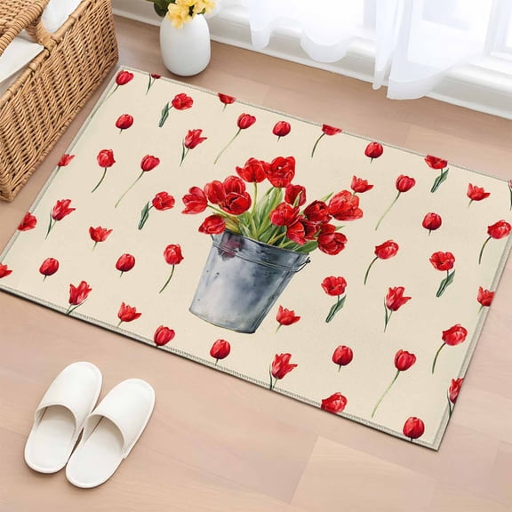2x3 Ft Entryway Area Rug, Red Tulip Flowers Kitchen Rug Runner Washable Floor Mat, Spring Floral Vintage Drum Country Yellow Non Slip Indoor Door Mat Throw Carpet for Bathroom Living Room Bedroom