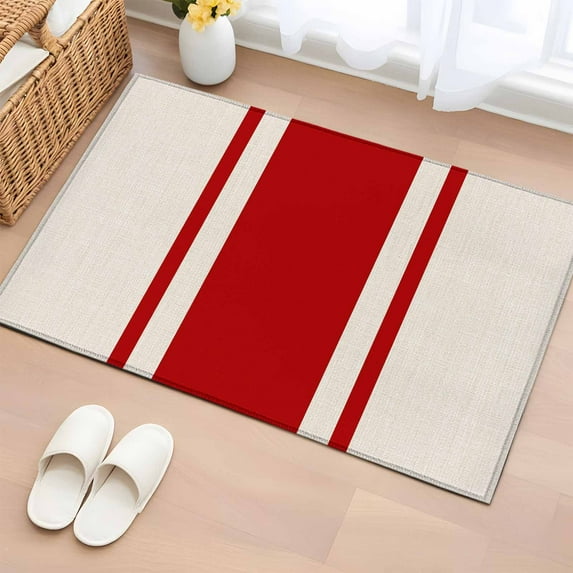 2x3 Ft Entryway Area Rug, Red Vintage Kitchen Rug Runner Washable Floor Mat, Geometric Stripes Simple Lines Non Slip Indoor Door Mat Throw Carpet for Bathroom Living Room Bedroom