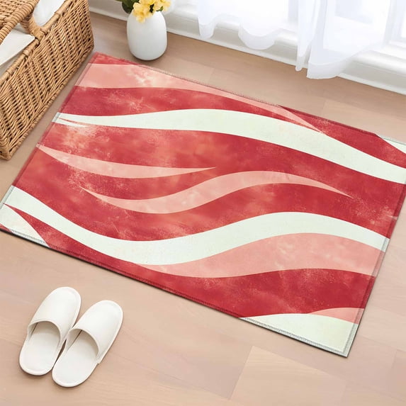 2x3 Ft Entryway Area Rug, Red Waves Kitchen Rug Runner Washable Floor Mat, Ombre Sea Ripples Shabby Beach Non Slip Indoor Door Mat Throw Carpet for Bathroom Living Room Bedroom